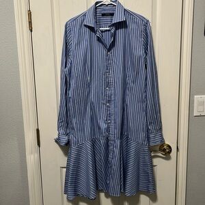 Ralph Lauren Polo Striped Ruffled Shirt Dress Women Blue Size 12